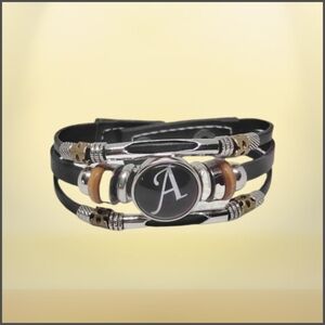 Triple Layer Letter "A" P.U. Black Leather Bracelet with Beads